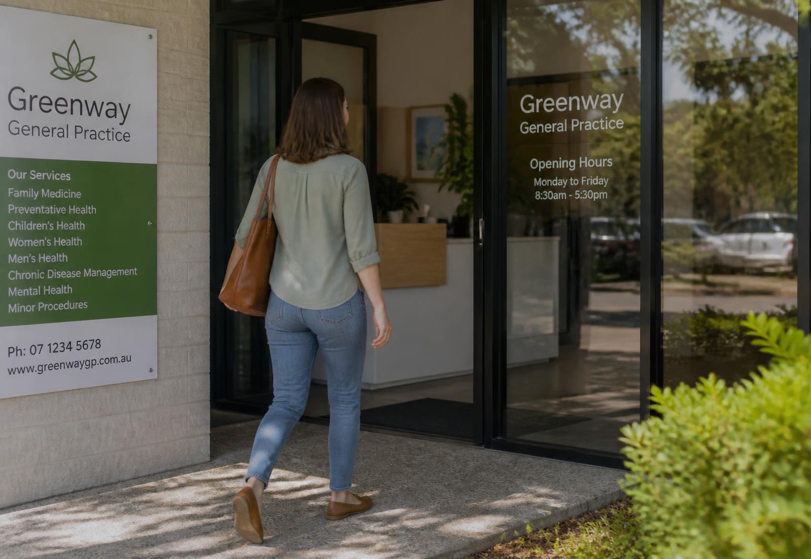 A patient arriving at the entrance of an Australian general practice