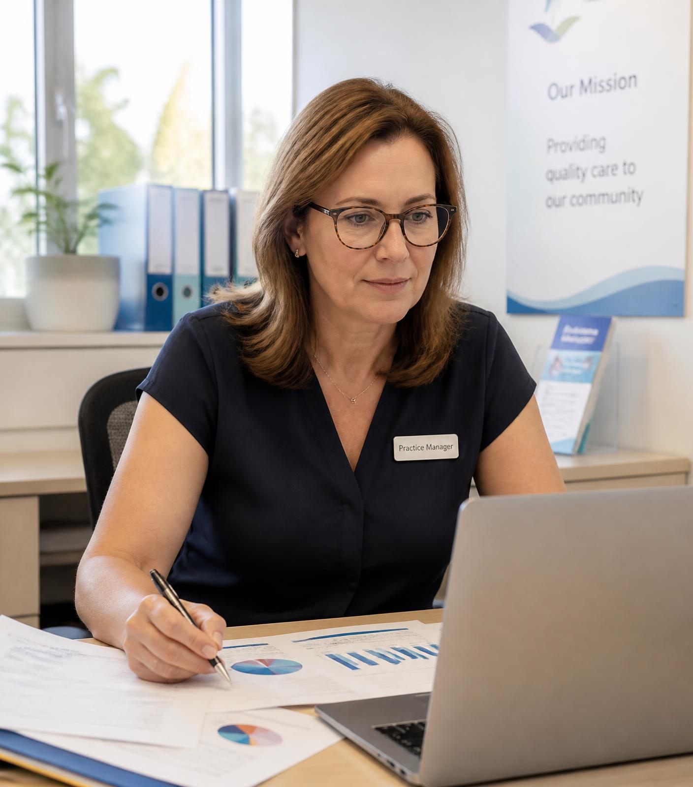 Practice manager reviewing performance reports at her desk