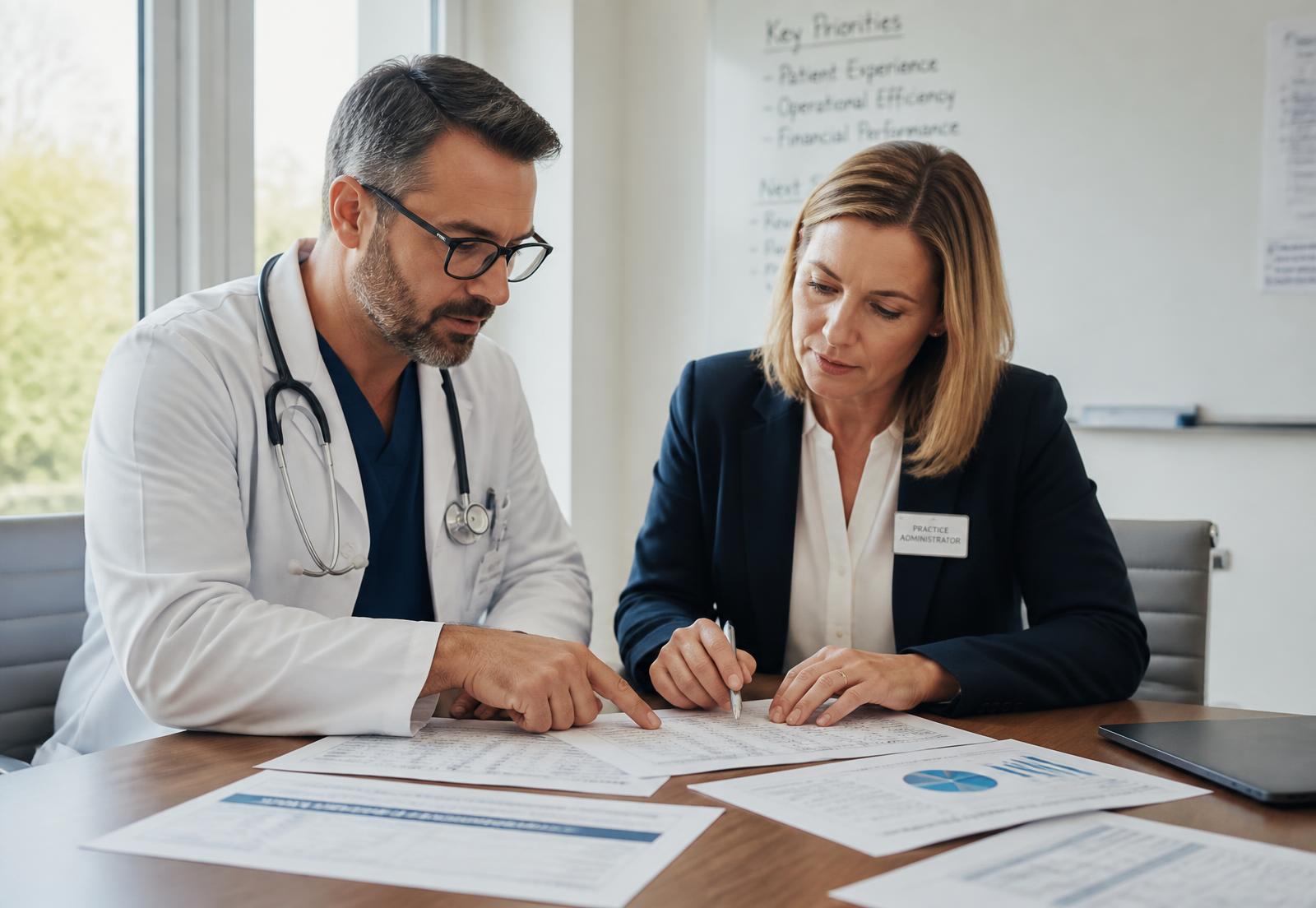 A doctor and practice administrator reviewing report figures together