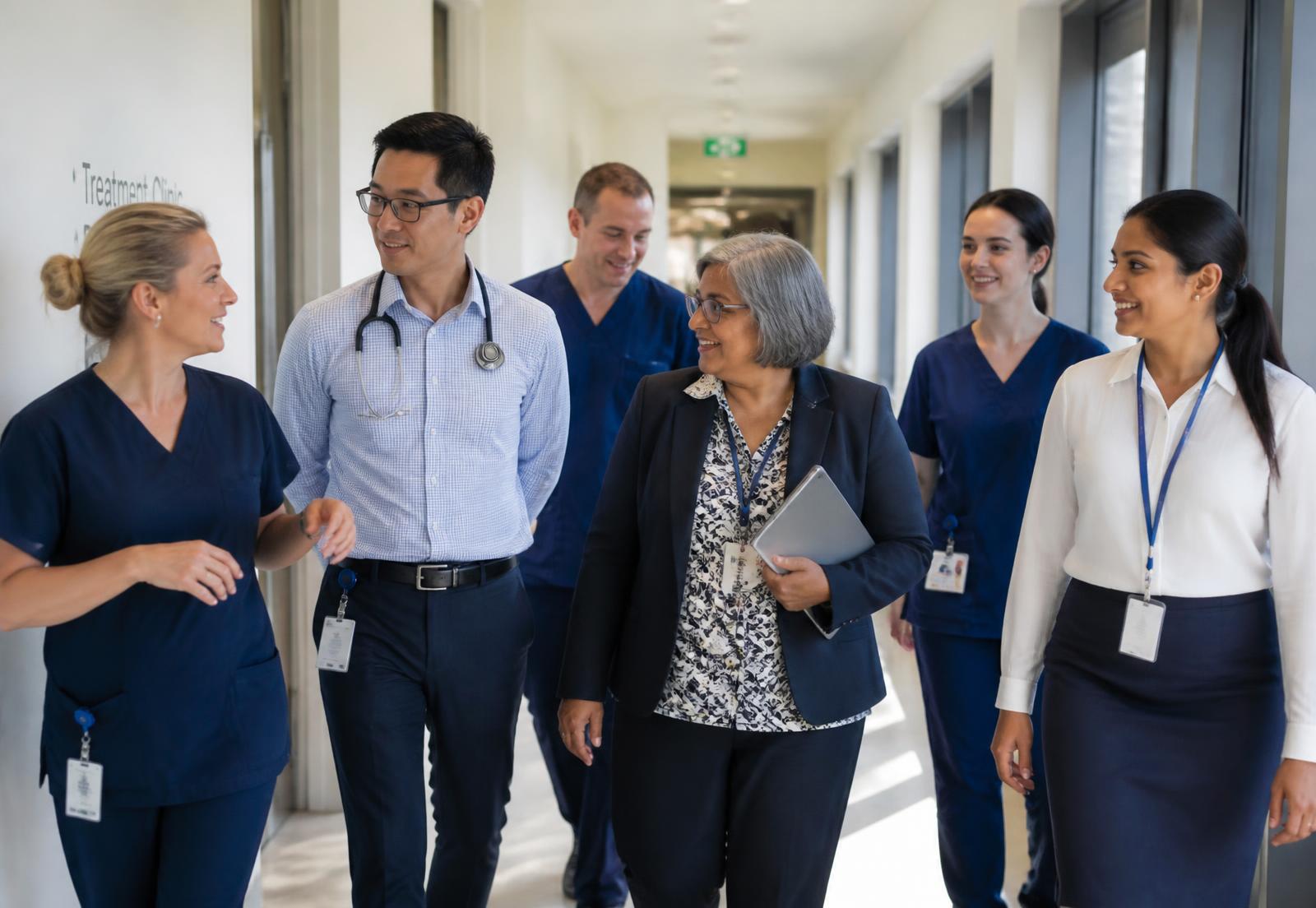 Clinic team walking together through a bright corridor